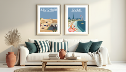 Poster of Abu Dhabi most iconic landmarks by Habibi - Sheikh zayed bridge, sheikh Zayed grand mosque, etihad towers, corniche, Liwa, desert, mangrove, Dubai, Qsr Al Hosn, Saadiyat